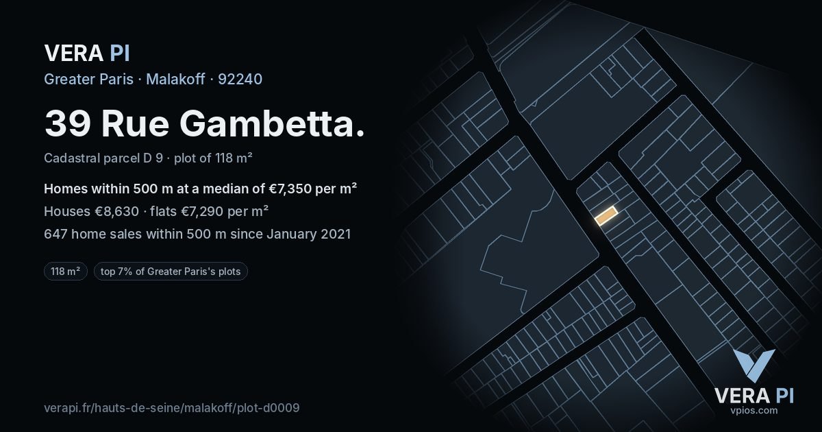 39 Rue Gambetta, Malakoff at night – the plot lit, the parcels around coloured by the prices near them