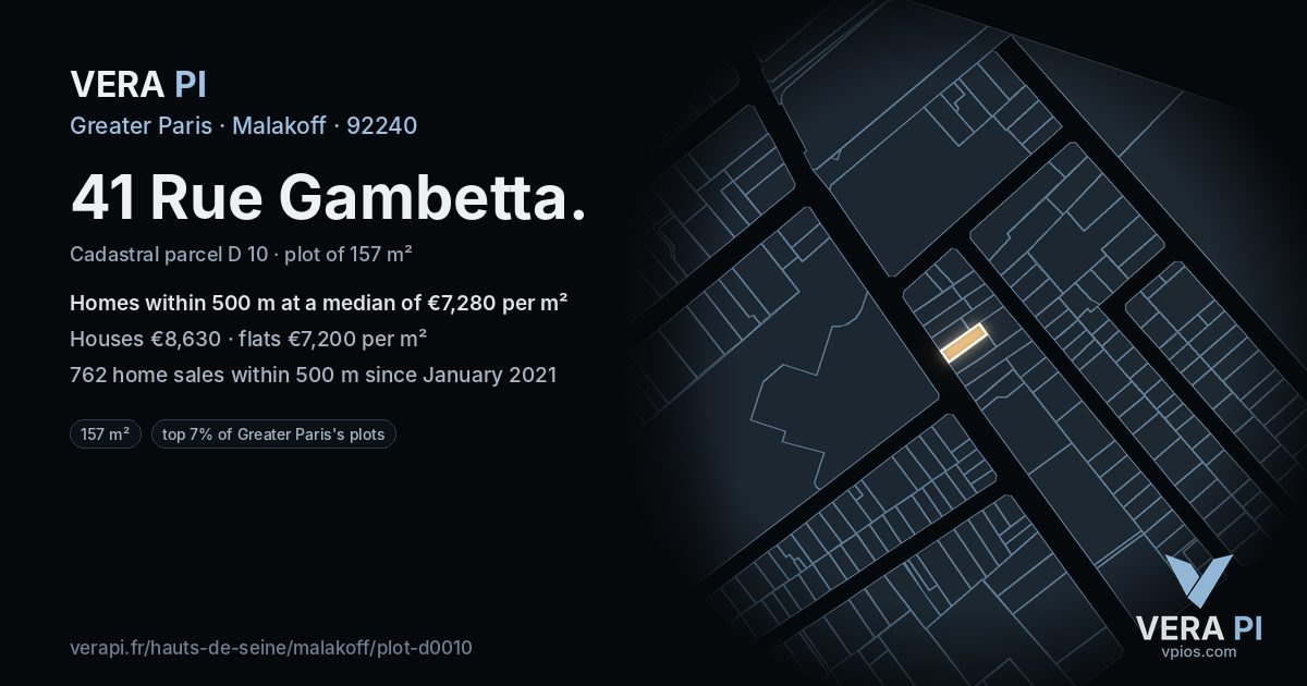 41 Rue Gambetta, Malakoff at night – the plot lit, the parcels around coloured by the prices near them