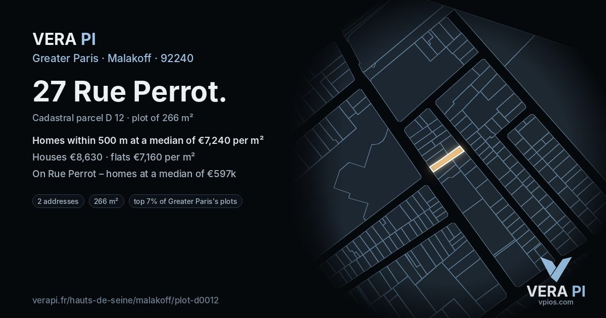 27 Rue Perrot, Malakoff at night – the plot lit, the parcels around coloured by the prices near them