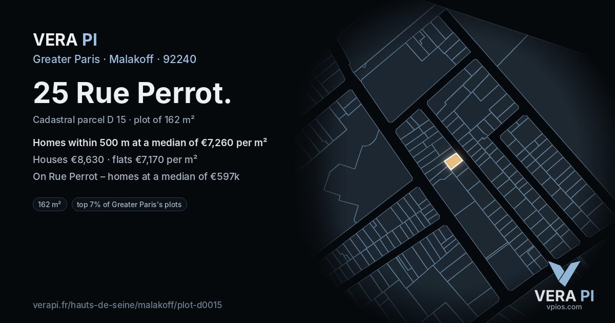 25 Rue Perrot, Malakoff at night – the plot lit, the parcels around coloured by the prices near them