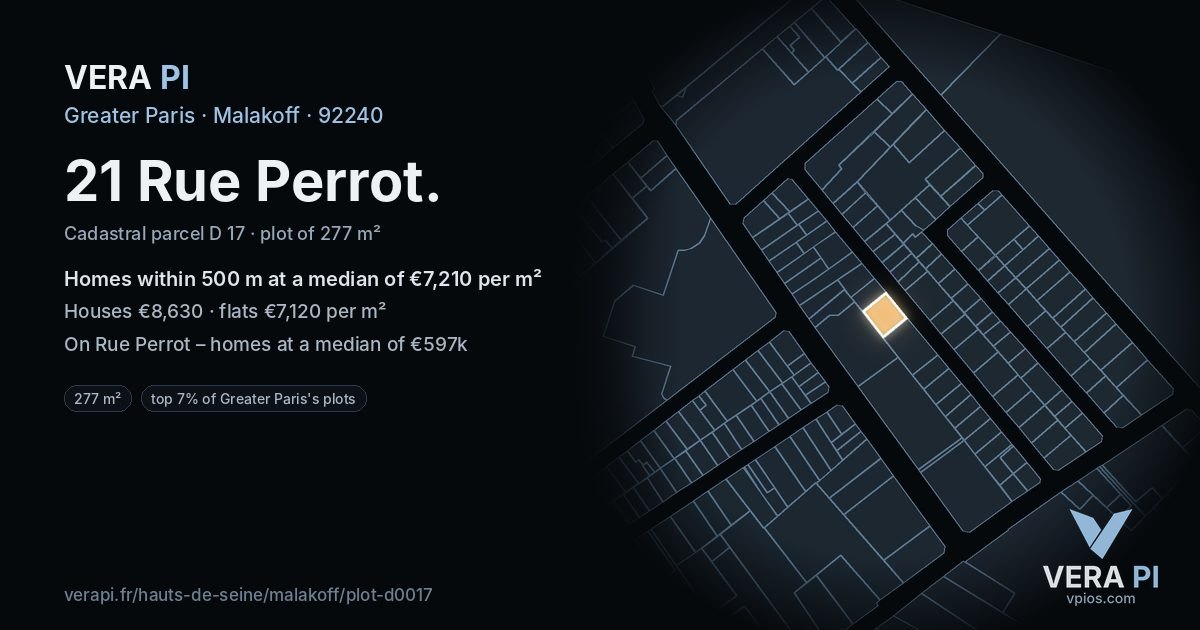 21 Rue Perrot, Malakoff at night – the plot lit, the parcels around coloured by the prices near them