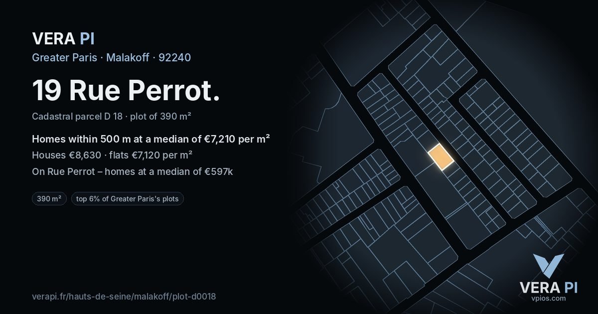 19 Rue Perrot, Malakoff at night – the plot lit, the parcels around coloured by the prices near them