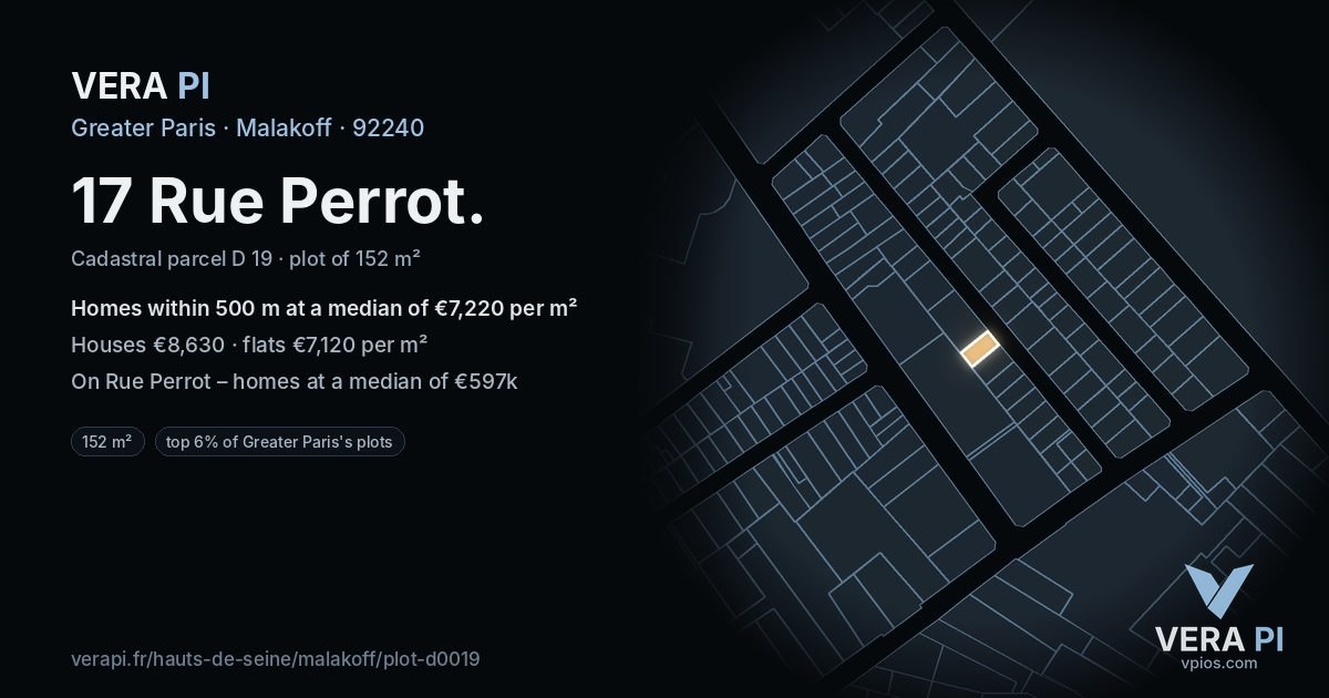 17 Rue Perrot, Malakoff at night – the plot lit, the parcels around coloured by the prices near them