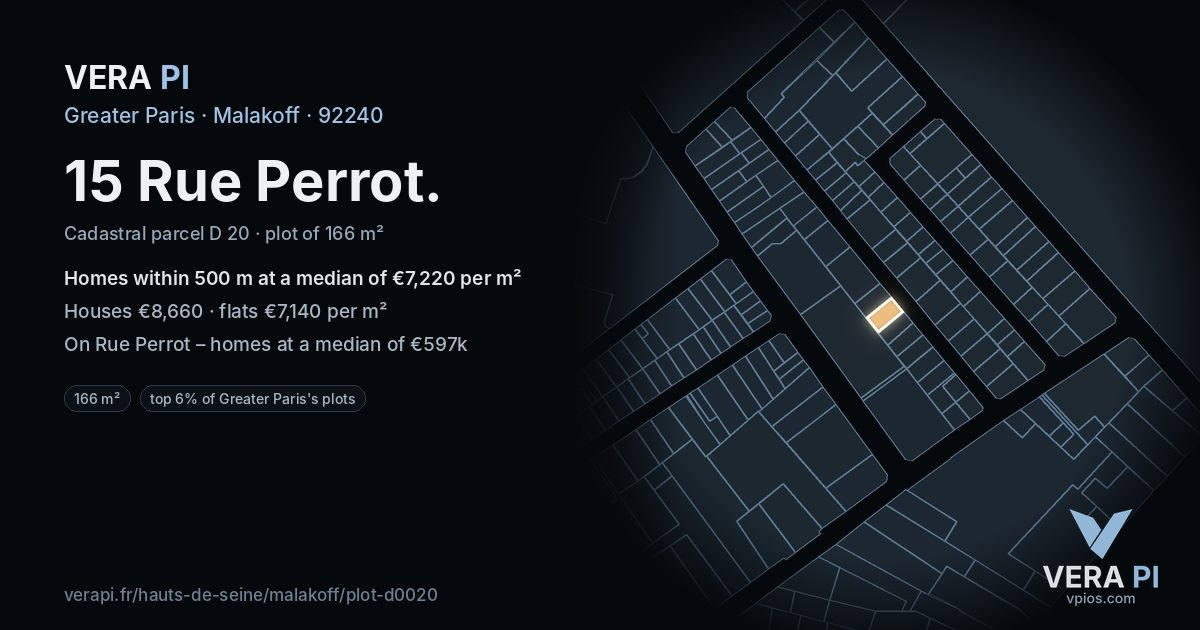15 Rue Perrot, Malakoff at night – the plot lit, the parcels around coloured by the prices near them
