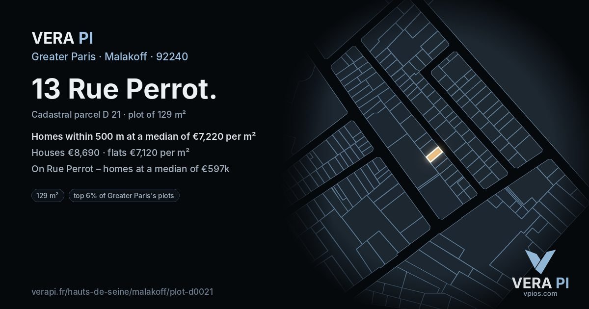 13 Rue Perrot, Malakoff at night – the plot lit, the parcels around coloured by the prices near them