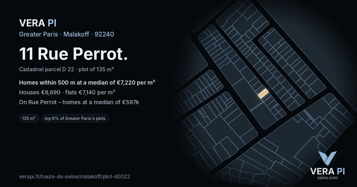 11 Rue Perrot, Malakoff at night – the plot lit, the parcels around coloured by the prices near them
