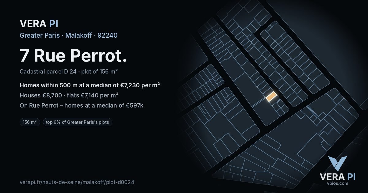 7 Rue Perrot, Malakoff at night – the plot lit, the parcels around coloured by the prices near them