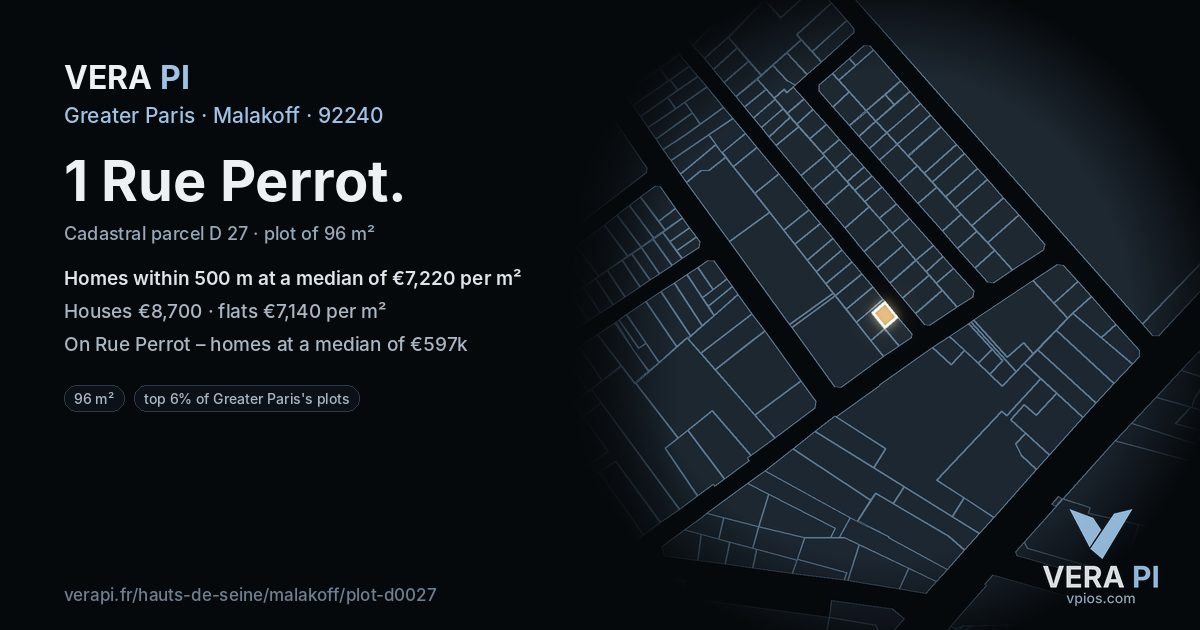 1 Rue Perrot, Malakoff at night – the plot lit, the parcels around coloured by the prices near them