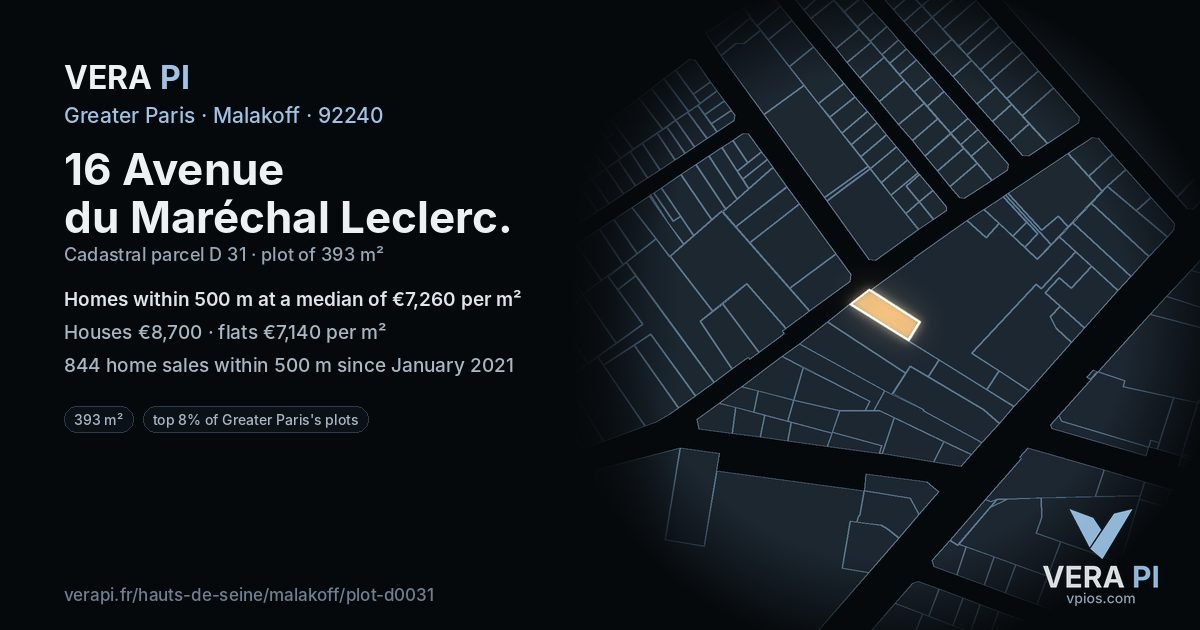 16 Avenue du Maréchal Leclerc, Malakoff at night – the plot lit, the parcels around coloured by the prices near them