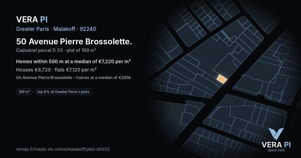 50 Avenue Pierre Brossolette, Malakoff at night – the plot lit, the parcels around coloured by the prices near them