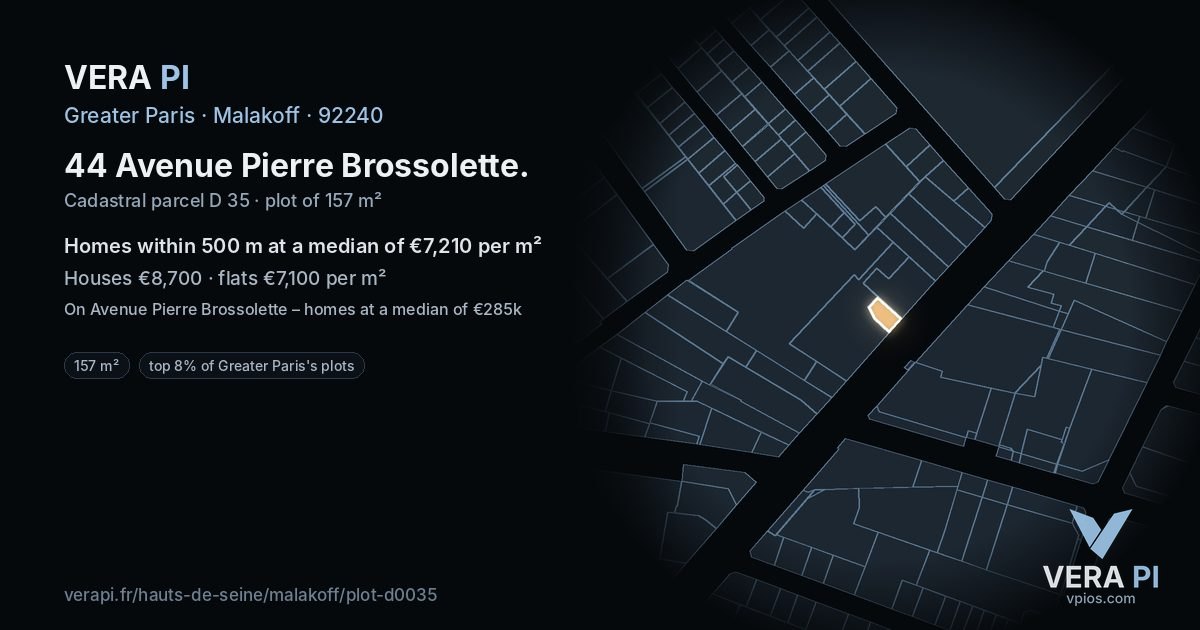 44 Avenue Pierre Brossolette, Malakoff at night – the plot lit, the parcels around coloured by the prices near them