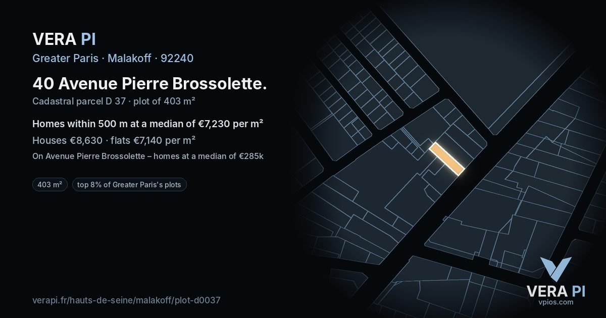 40 Avenue Pierre Brossolette, Malakoff at night – the plot lit, the parcels around coloured by the prices near them