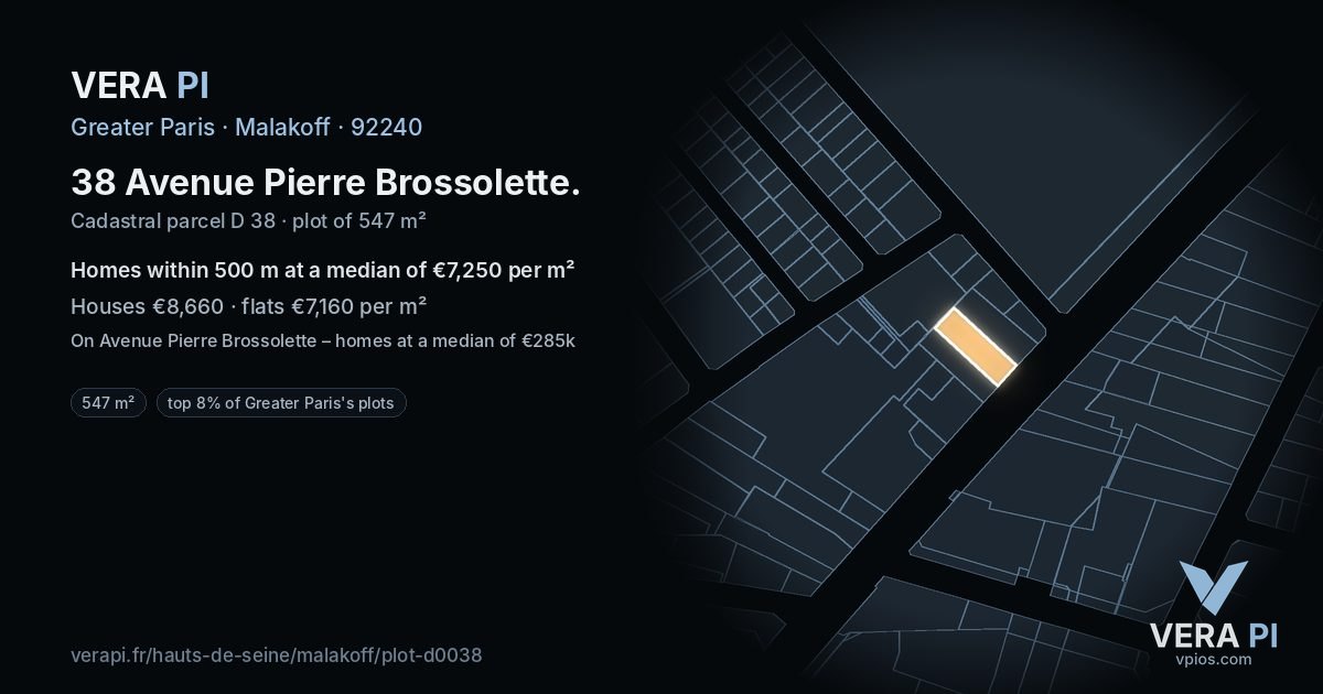 38 Avenue Pierre Brossolette, Malakoff at night – the plot lit, the parcels around coloured by the prices near them