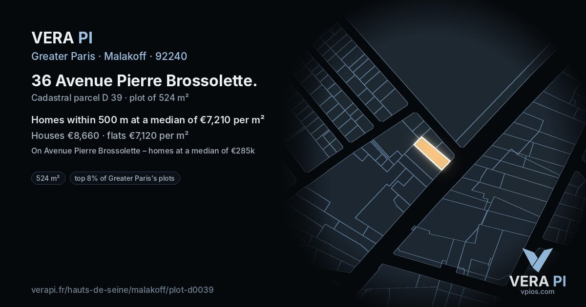 36 Avenue Pierre Brossolette, Malakoff at night – the plot lit, the parcels around coloured by the prices near them
