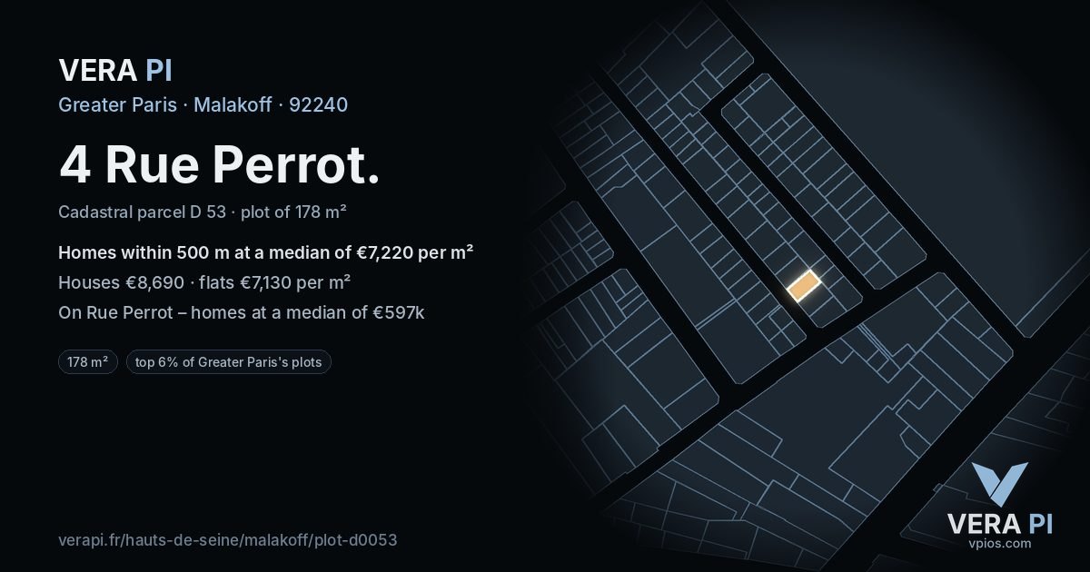 4 Rue Perrot, Malakoff at night – the plot lit, the parcels around coloured by the prices near them