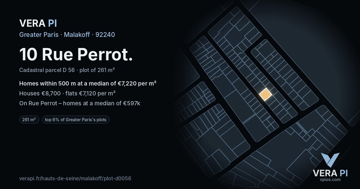 10 Rue Perrot, Malakoff at night – the plot lit, the parcels around coloured by the prices near them