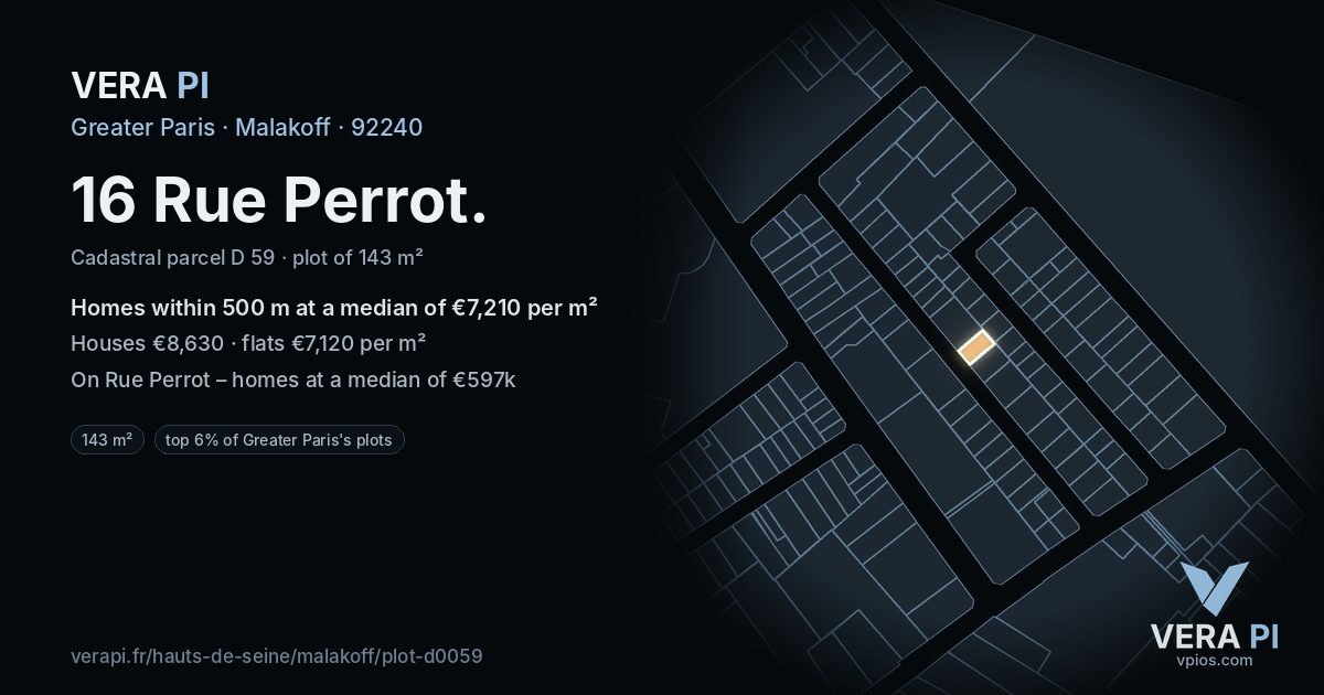 16 Rue Perrot, Malakoff at night – the plot lit, the parcels around coloured by the prices near them