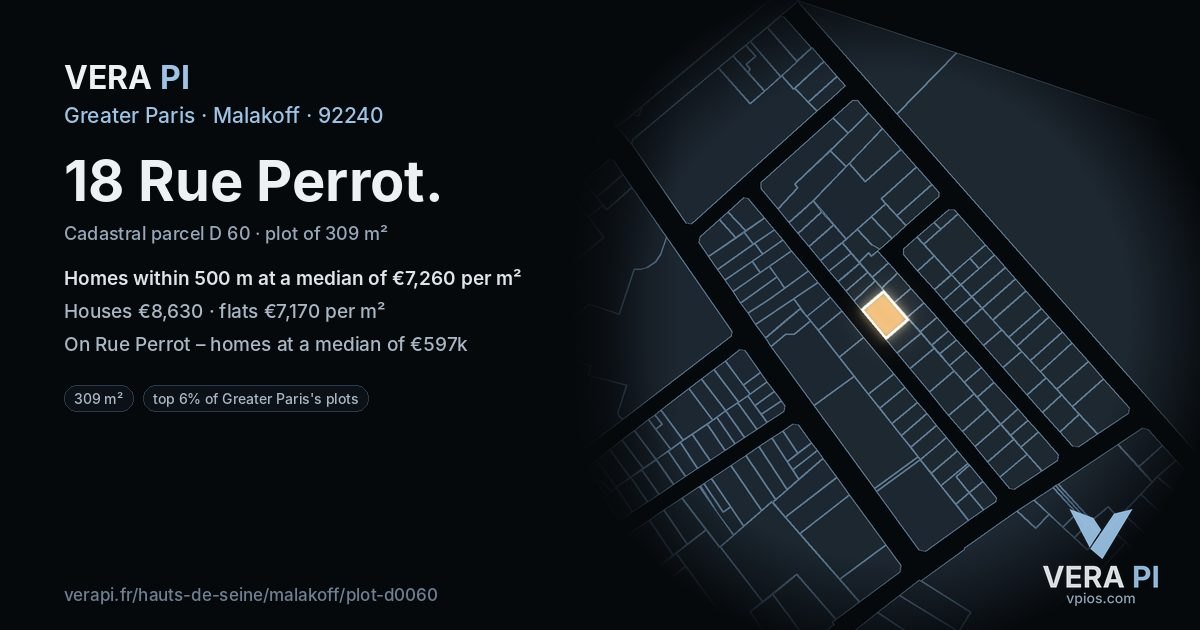 18 Rue Perrot, Malakoff at night – the plot lit, the parcels around coloured by the prices near them
