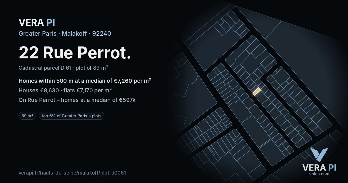 22 Rue Perrot, Malakoff at night – the plot lit, the parcels around coloured by the prices near them
