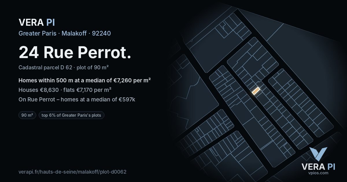24 Rue Perrot, Malakoff at night – the plot lit, the parcels around coloured by the prices near them