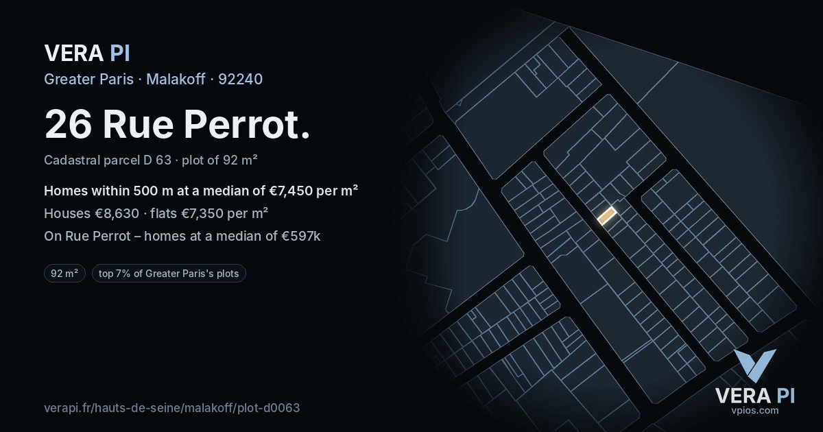 26 Rue Perrot, Malakoff at night – the plot lit, the parcels around coloured by the prices near them