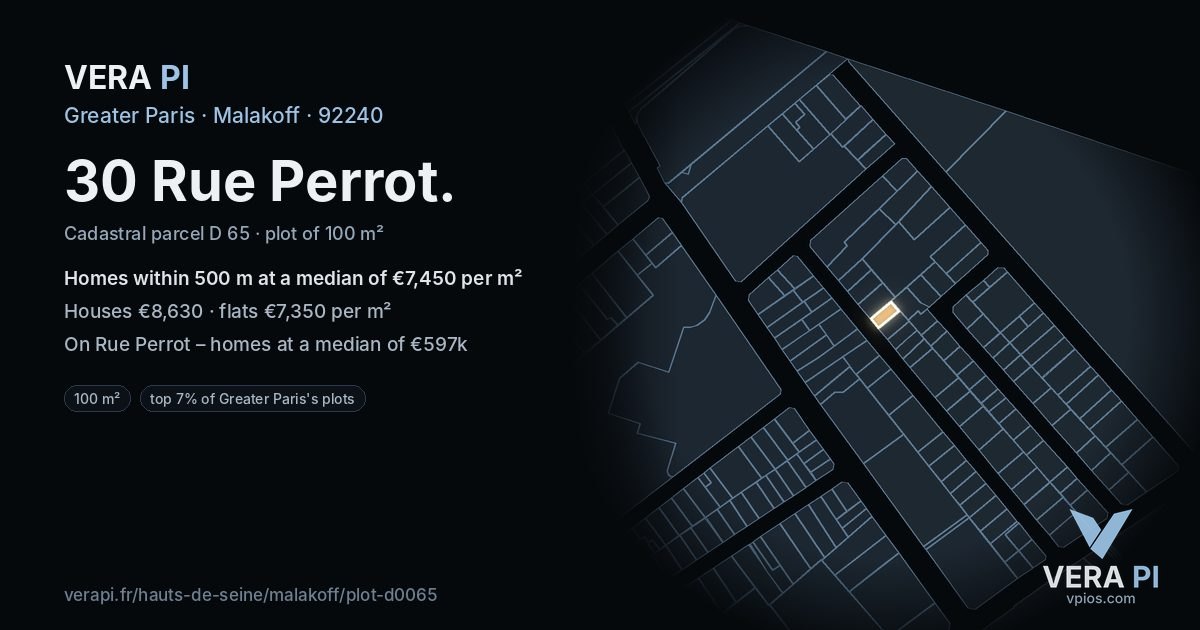30 Rue Perrot, Malakoff at night – the plot lit, the parcels around coloured by the prices near them