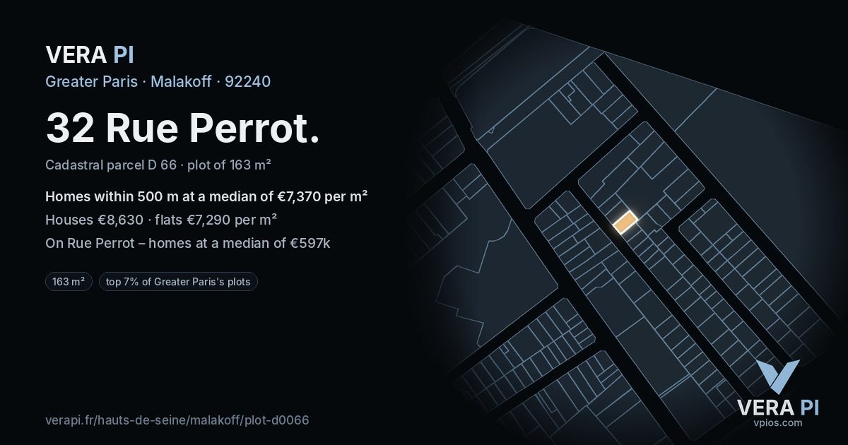32 Rue Perrot, Malakoff at night – the plot lit, the parcels around coloured by the prices near them