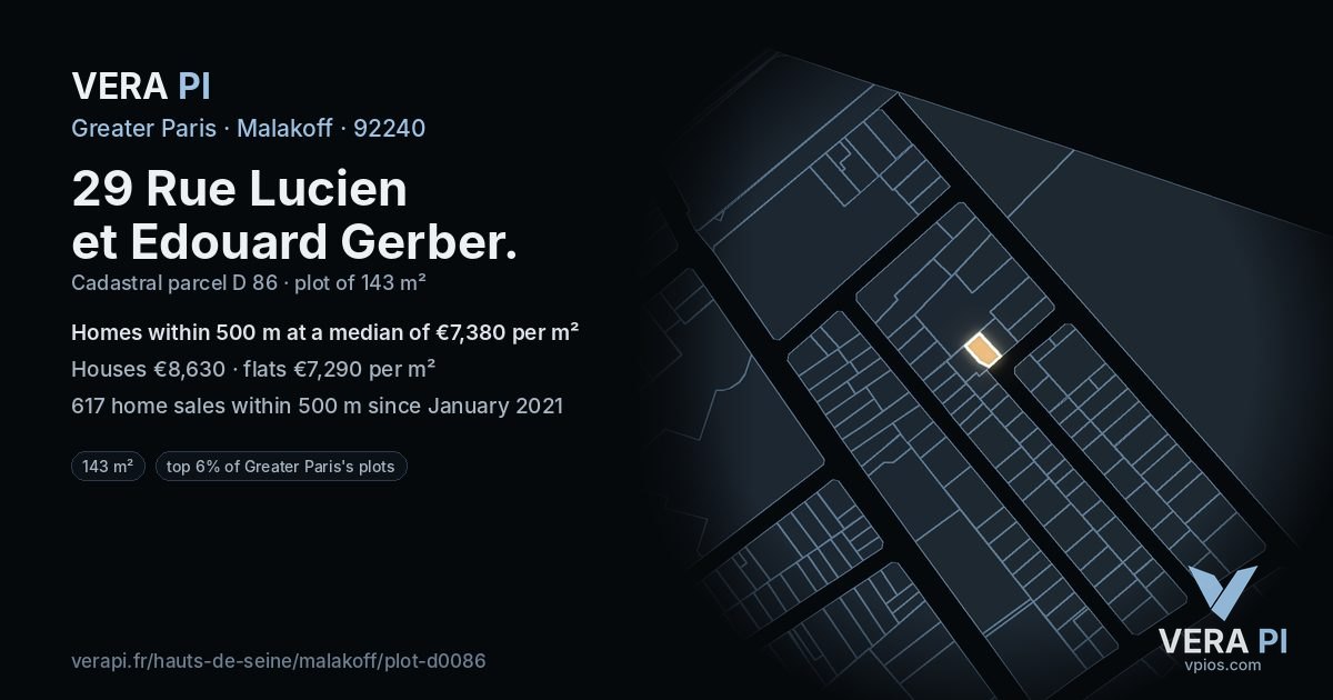 29 Rue Lucien et Edouard Gerber, Malakoff at night – the plot lit, the parcels around coloured by the prices near them