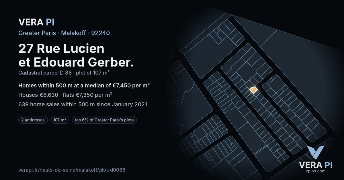 27 Rue Lucien et Edouard Gerber, Malakoff at night – the plot lit, the parcels around coloured by the prices near them