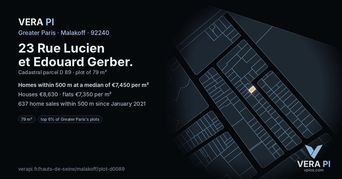 23 Rue Lucien et Edouard Gerber, Malakoff at night – the plot lit, the parcels around coloured by the prices near them