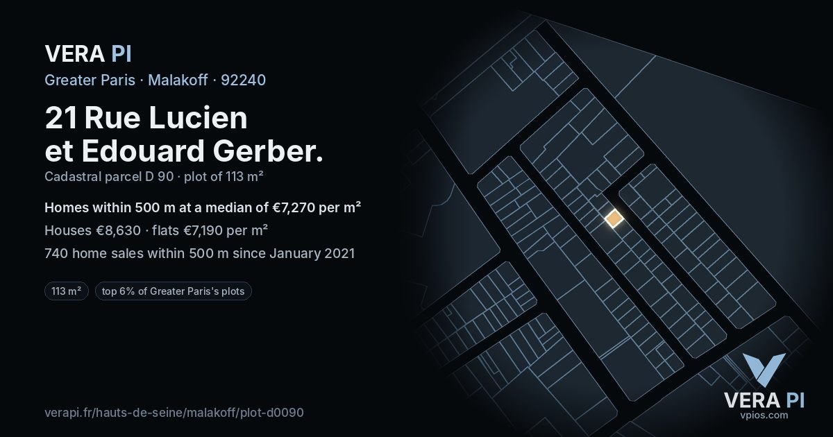 21 Rue Lucien et Edouard Gerber, Malakoff at night – the plot lit, the parcels around coloured by the prices near them