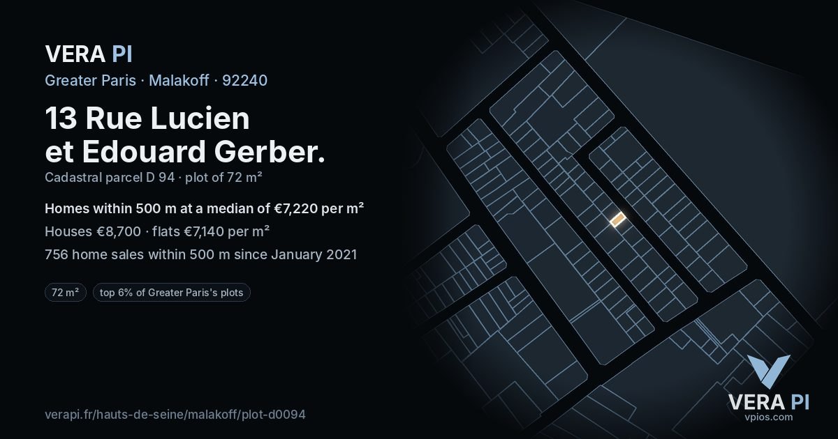 13 Rue Lucien et Edouard Gerber, Malakoff at night – the plot lit, the parcels around coloured by the prices near them