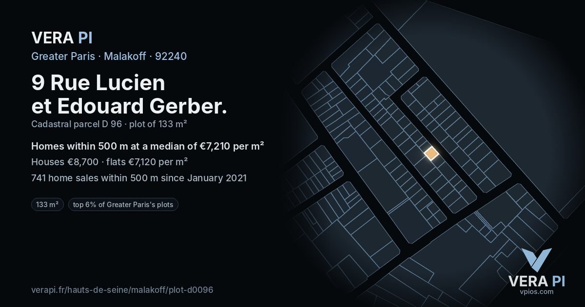 9 Rue Lucien et Edouard Gerber, Malakoff at night – the plot lit, the parcels around coloured by the prices near them