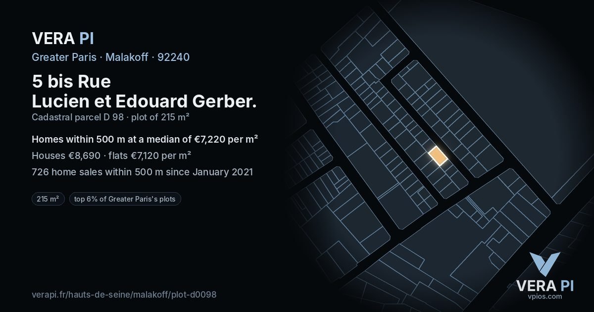 5 bis Rue Lucien et Edouard Gerber, Malakoff at night – the plot lit, the parcels around coloured by the prices near them