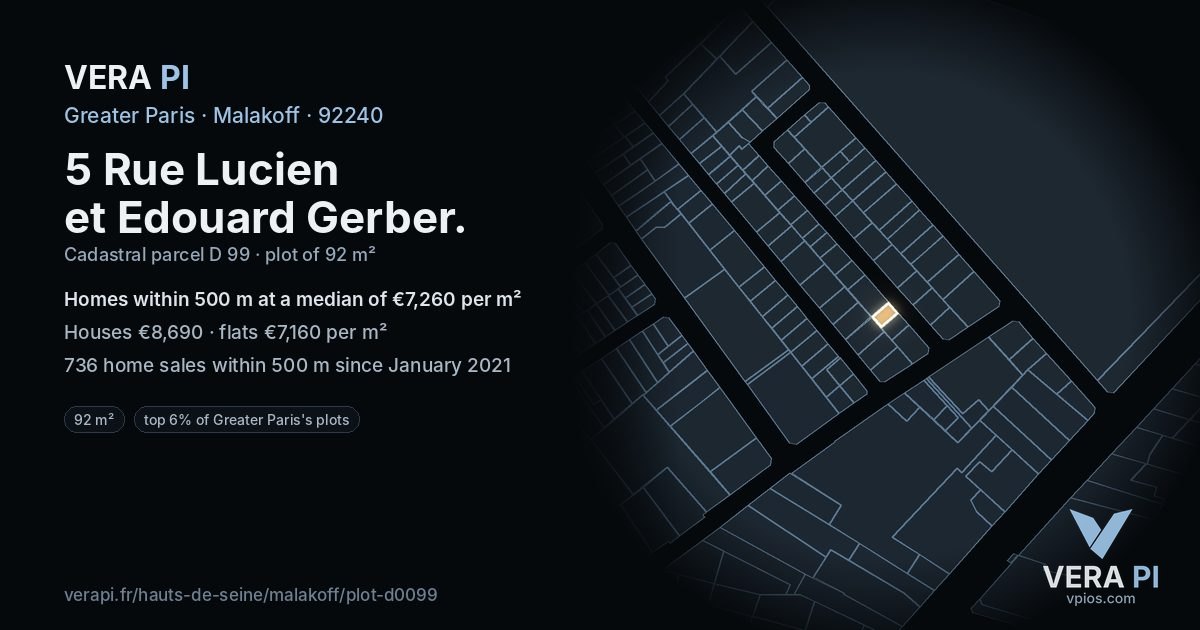 5 Rue Lucien et Edouard Gerber, Malakoff at night – the plot lit, the parcels around coloured by the prices near them
