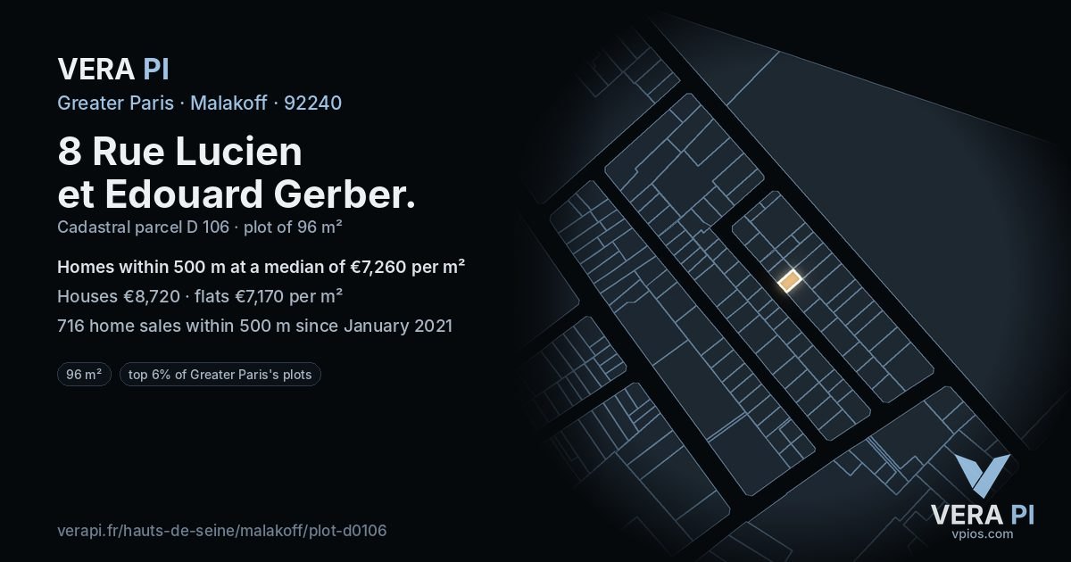 8 Rue Lucien et Edouard Gerber, Malakoff at night – the plot lit, the parcels around coloured by the prices near them