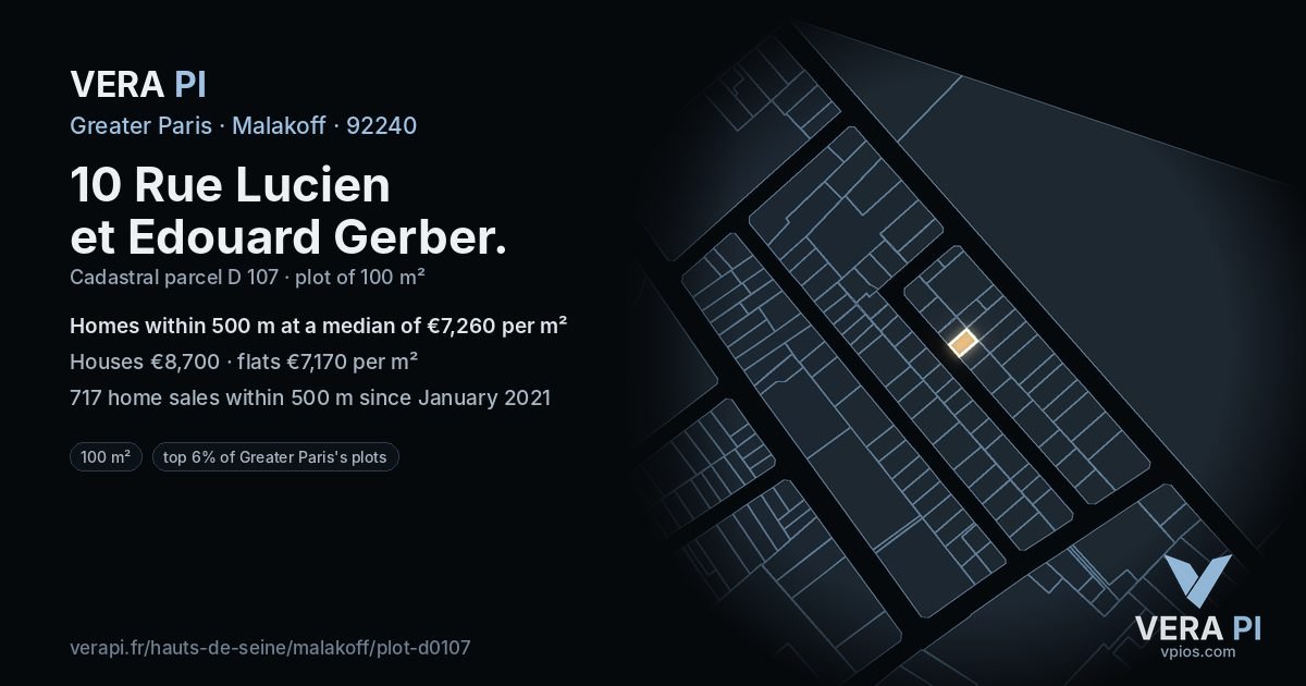 10 Rue Lucien et Edouard Gerber, Malakoff at night – the plot lit, the parcels around coloured by the prices near them