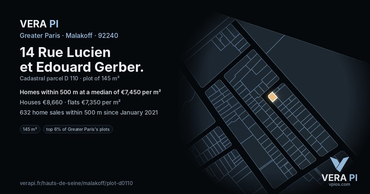 14 Rue Lucien et Edouard Gerber, Malakoff at night – the plot lit, the parcels around coloured by the prices near them