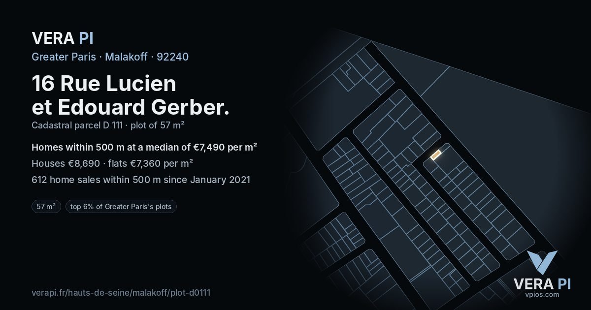 16 Rue Lucien et Edouard Gerber, Malakoff at night – the plot lit, the parcels around coloured by the prices near them