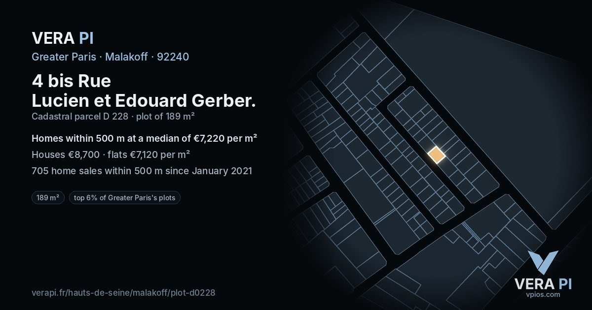 4 bis Rue Lucien et Edouard Gerber, Malakoff at night – the plot lit, the parcels around coloured by the prices near them