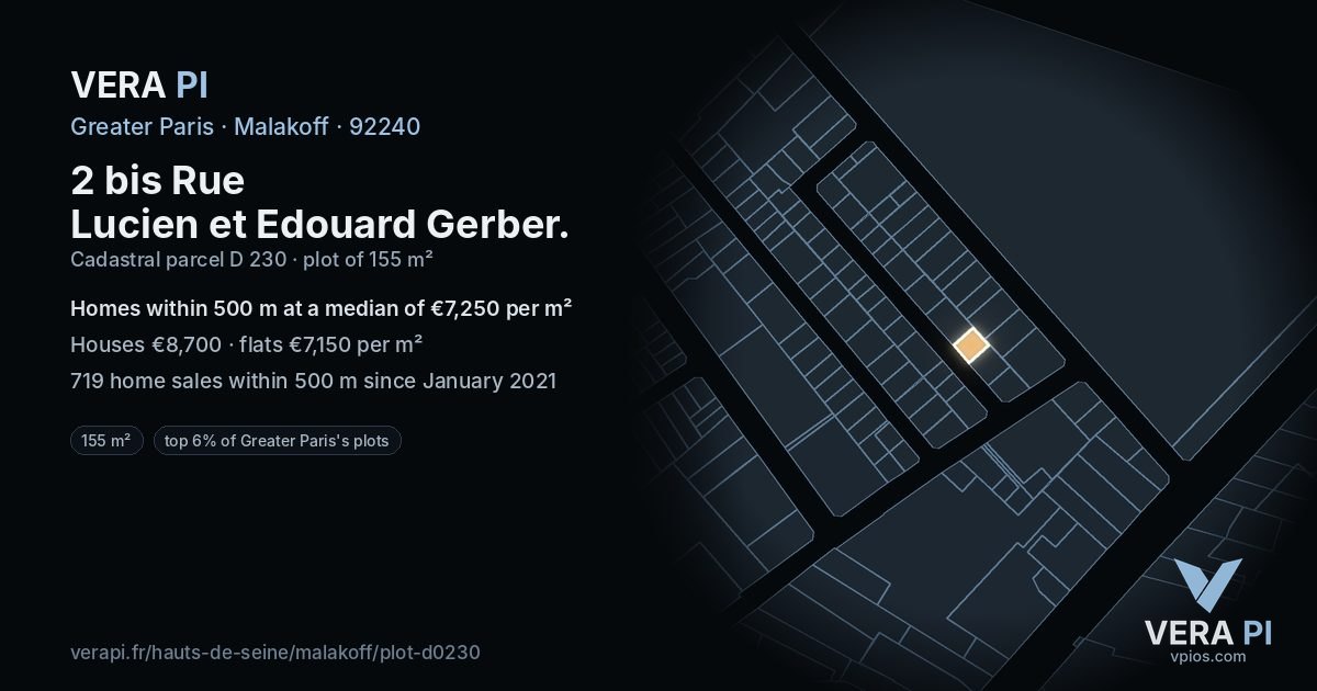 2 bis Rue Lucien et Edouard Gerber, Malakoff at night – the plot lit, the parcels around coloured by the prices near them