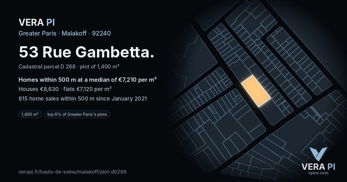 53 Rue Gambetta, Malakoff at night – the plot lit, the parcels around coloured by the prices near them