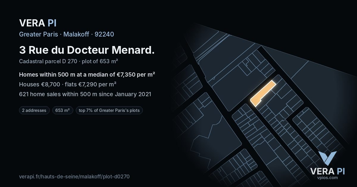 3 Rue du Docteur Menard, Malakoff at night – the plot lit, the parcels around coloured by the prices near them