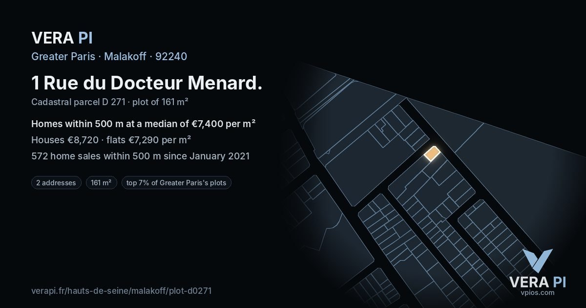 1 Rue du Docteur Menard, Malakoff at night – the plot lit, the parcels around coloured by the prices near them