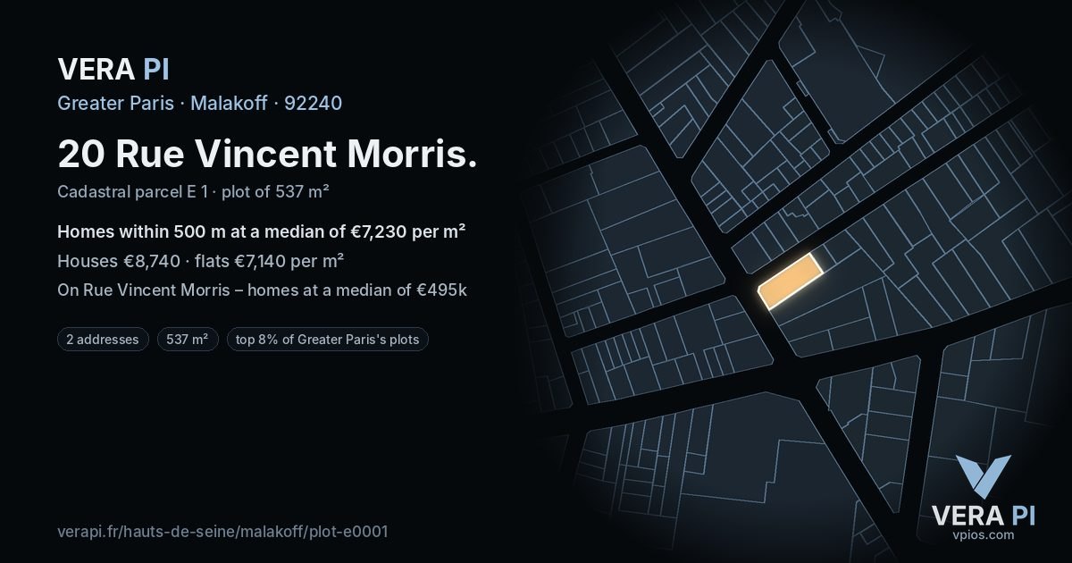 20 Rue Vincent Morris, Malakoff at night – the plot lit, the parcels around coloured by the prices near them