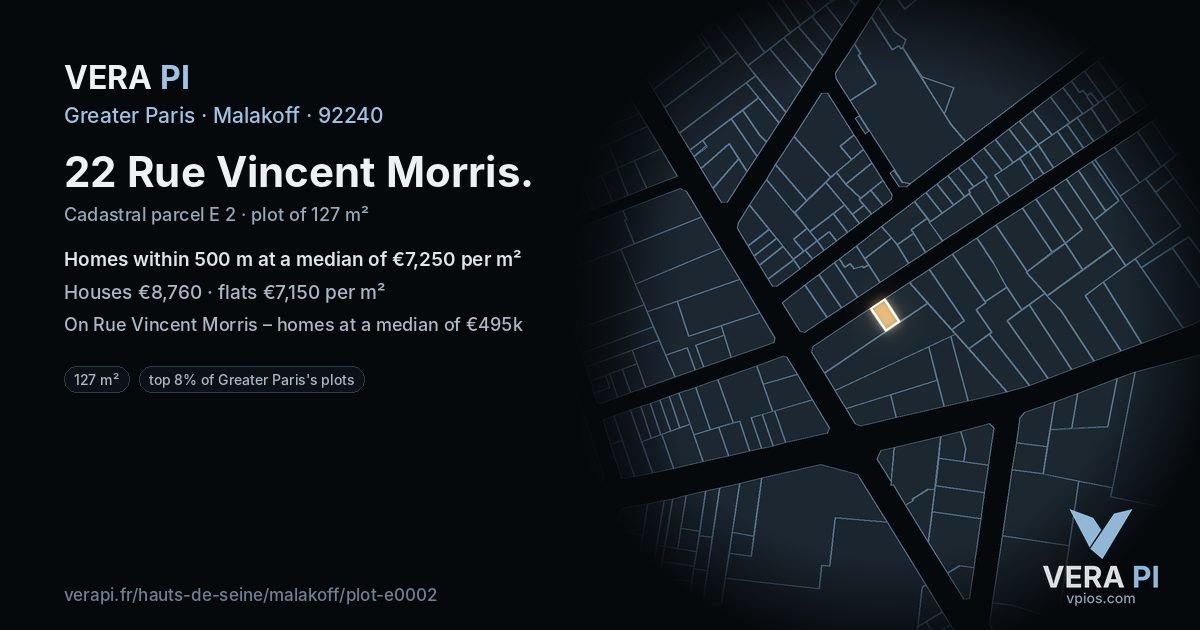 22 Rue Vincent Morris, Malakoff at night – the plot lit, the parcels around coloured by the prices near them