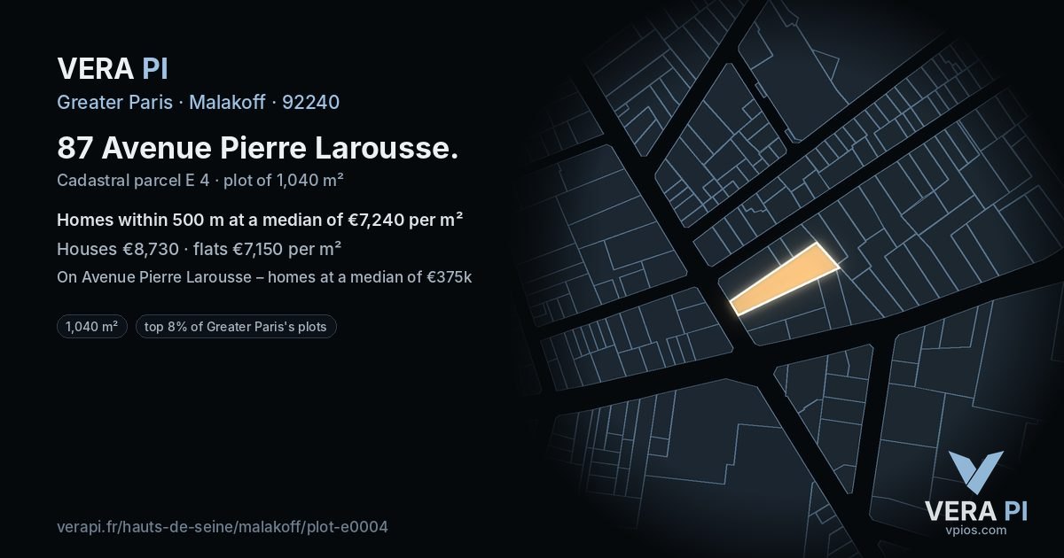 87 Avenue Pierre Larousse, Malakoff at night – the plot lit, the parcels around coloured by the prices near them