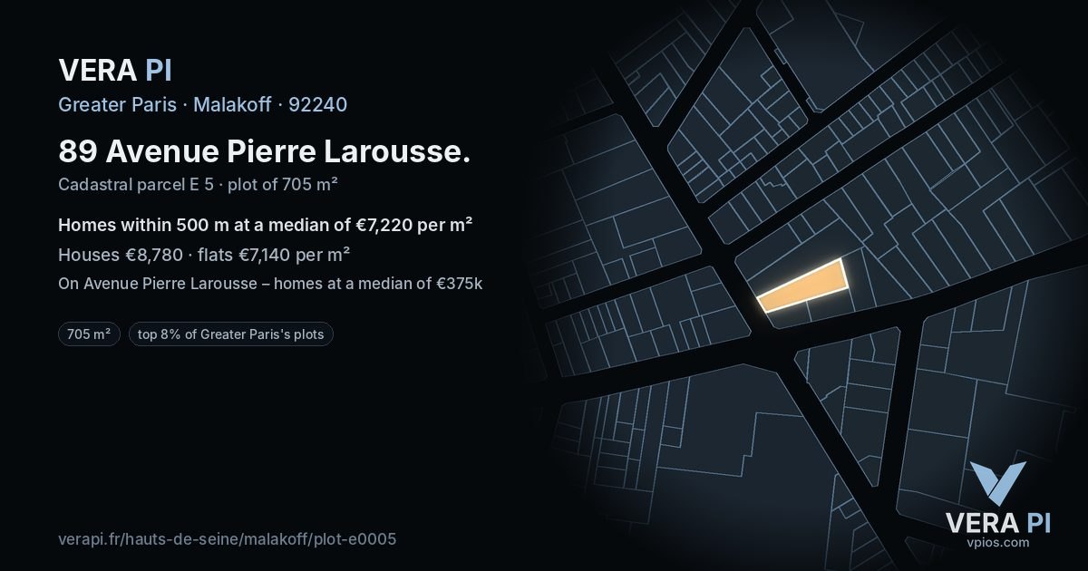 89 Avenue Pierre Larousse, Malakoff at night – the plot lit, the parcels around coloured by the prices near them