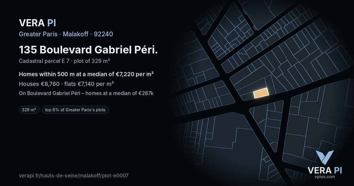 135 Boulevard Gabriel Péri, Malakoff at night – the plot lit, the parcels around coloured by the prices near them