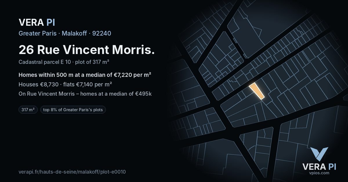 26 Rue Vincent Morris, Malakoff at night – the plot lit, the parcels around coloured by the prices near them